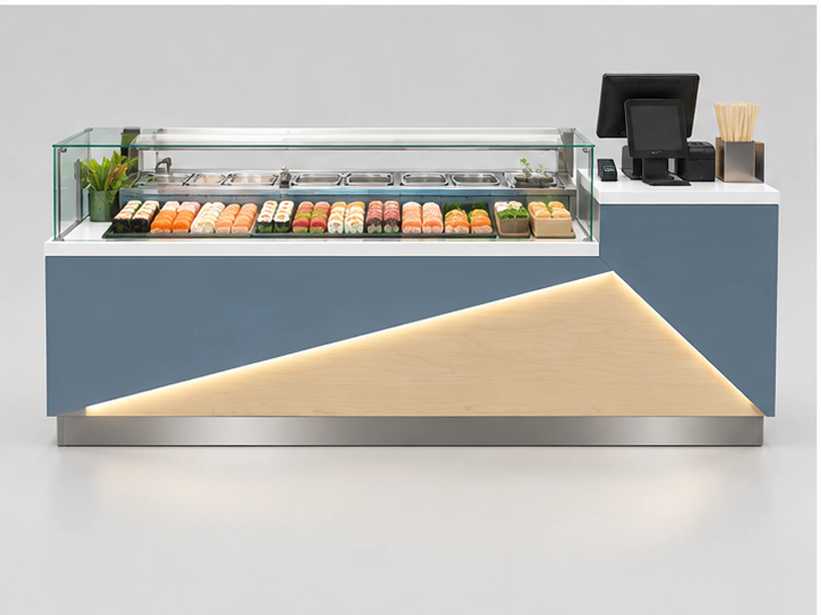 Small Sushi Booth with POS and Packaging Area customer-facing display and service counter