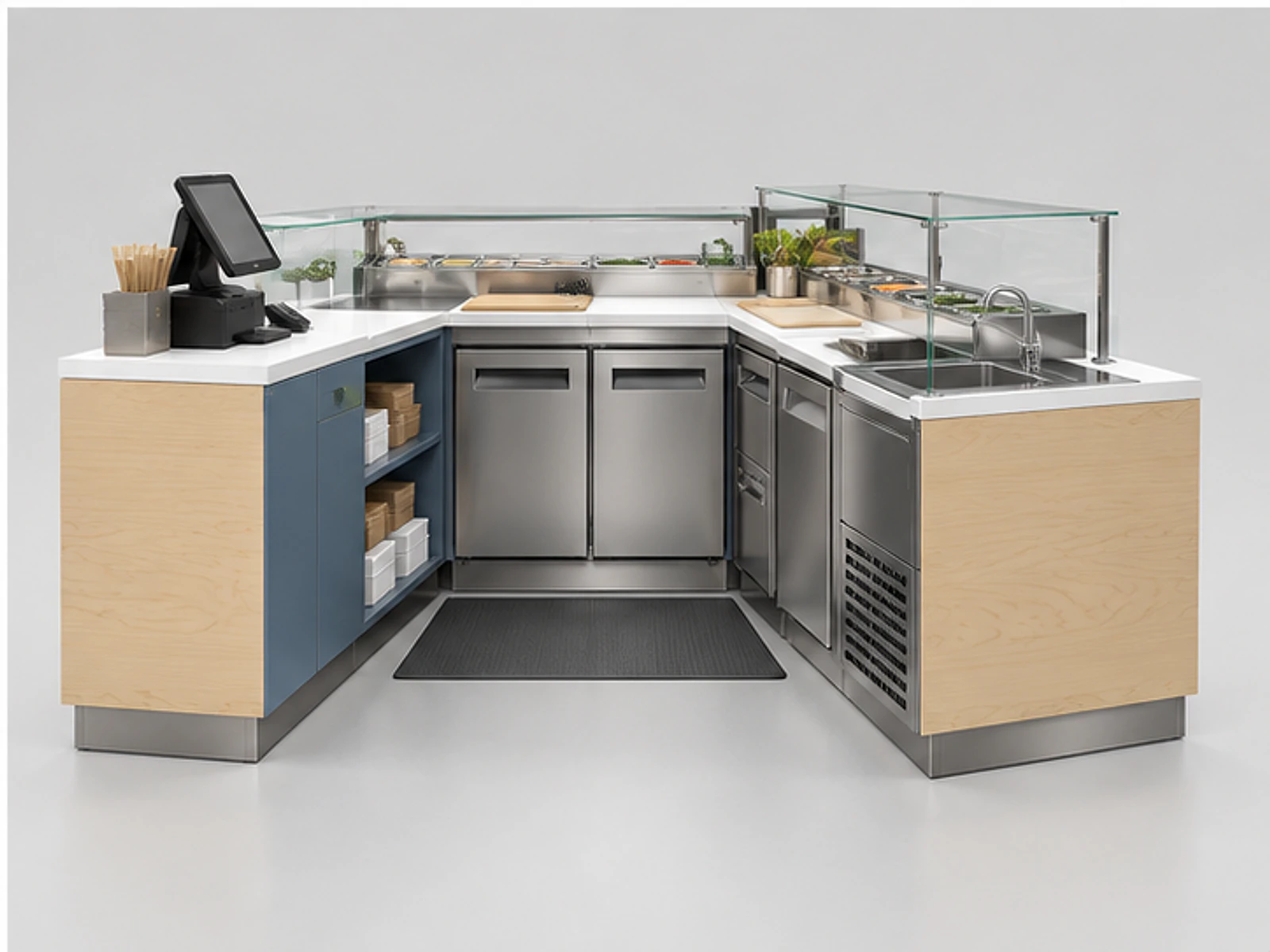 Small Sushi Booth with POS and Packaging Area staff-side equipment and storage layout