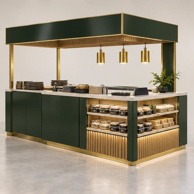 Supermarket Sushi Kiosk with Dual Temperature Zones opposite angle showing its complete footprint and display layout