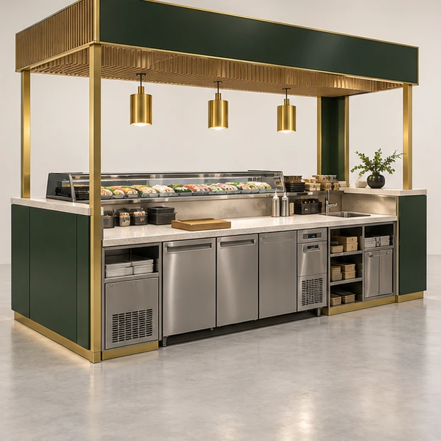 Supermarket Sushi Kiosk with Dual Temperature Zones operator-side equipment, access, and storage view