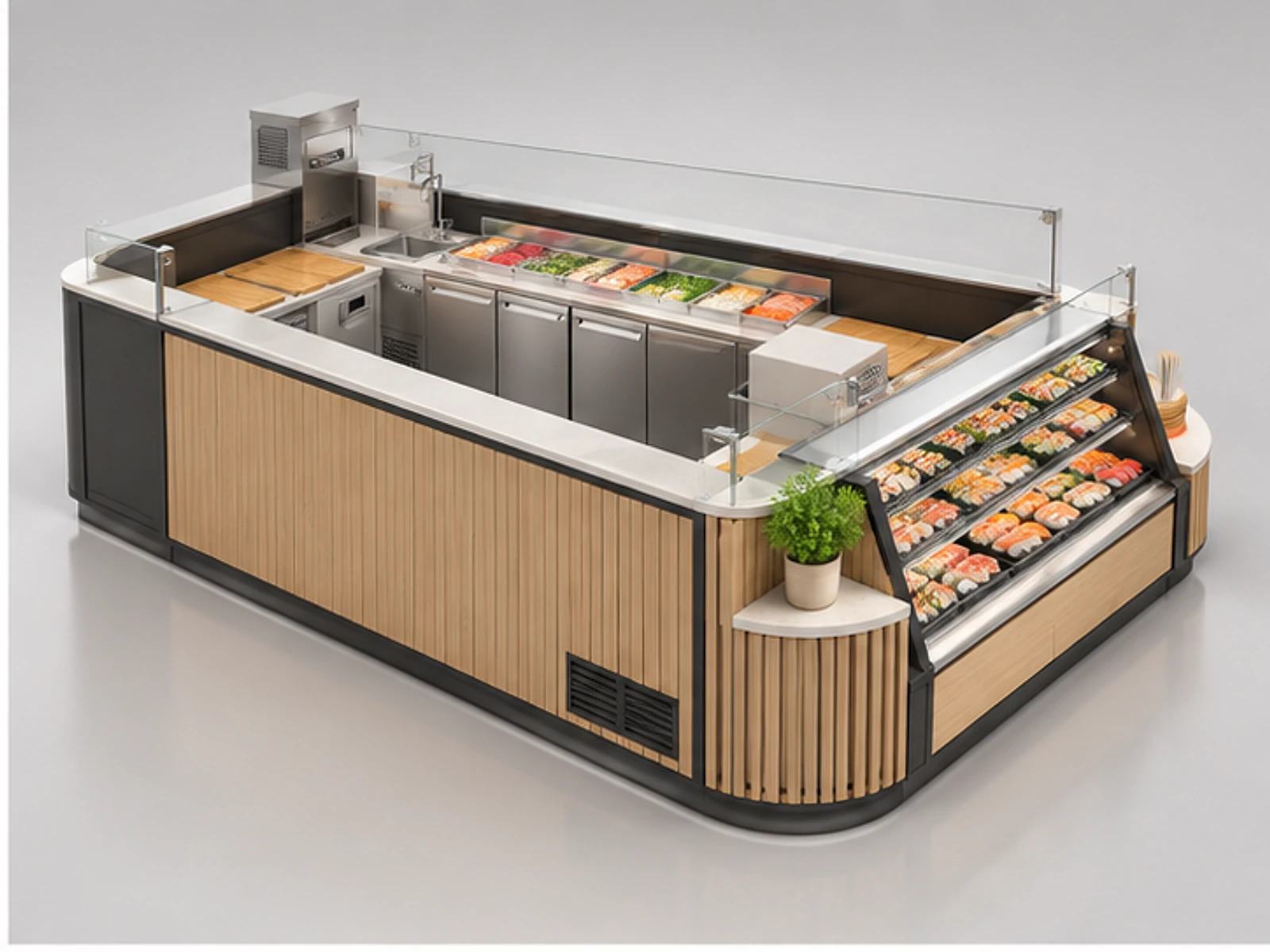 Supermarket Sushi Kiosk with Fresh Prep Station opposite angle showing overall kiosk layout