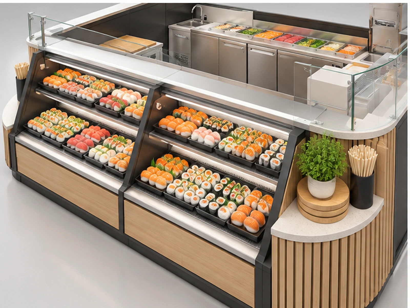 Supermarket Sushi Kiosk with Fresh Prep Station customer-facing display and service counter