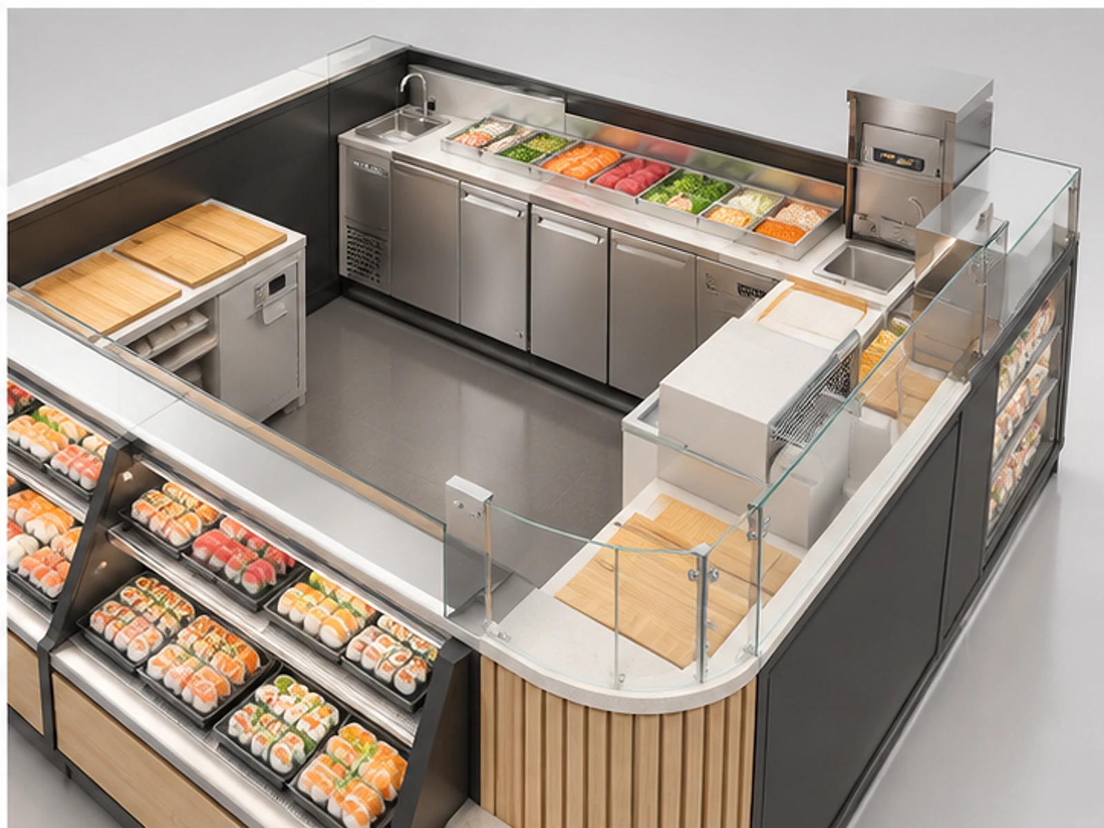 Supermarket Sushi Kiosk with Fresh Prep Station staff-side equipment and storage layout