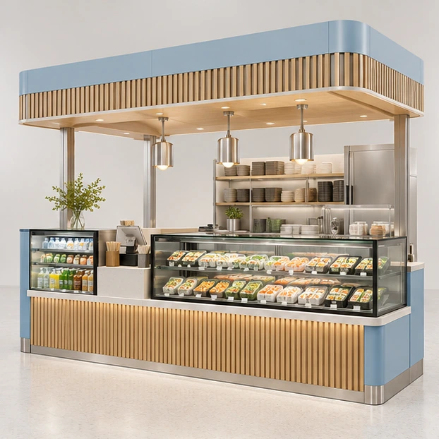 Sushi and Bento Kiosk with Tiered Refrigerated Showcase main three-quarter product rendering