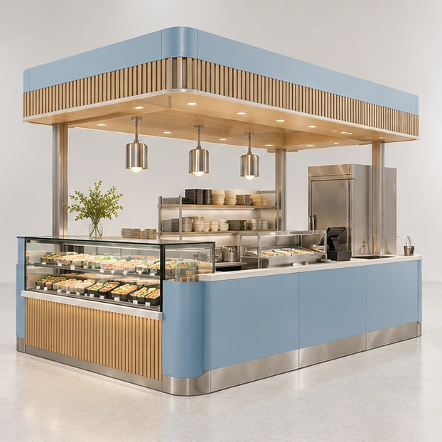 Sushi and Bento Kiosk with Tiered Refrigerated Showcase opposite angle showing its complete footprint and display layout