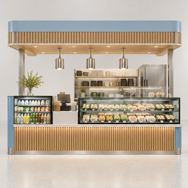 Sushi and Bento Kiosk with Tiered Refrigerated Showcase customer-facing service and display view