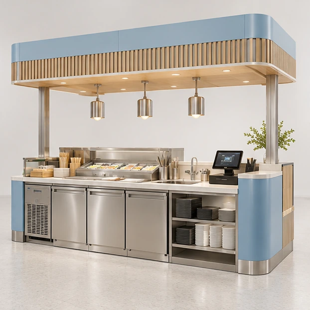 Sushi and Bento Kiosk with Tiered Refrigerated Showcase operator-side equipment, access, and storage view