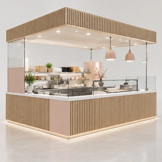 Sushi Kiosk with Chef Prep Counter and Glass Guard opposite angle showing its complete footprint and display layout