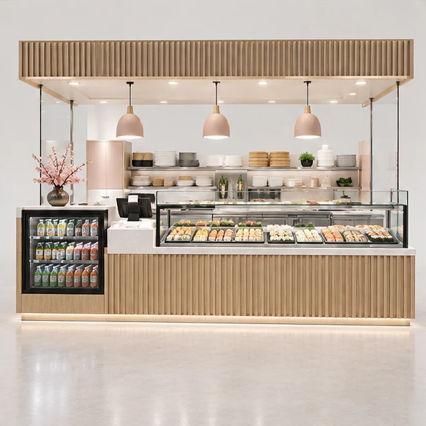 Sushi Kiosk with Chef Prep Counter and Glass Guard customer-facing service and display view