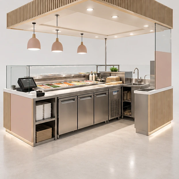 Sushi Kiosk with Chef Prep Counter and Glass Guard operator-side equipment, access, and storage view
