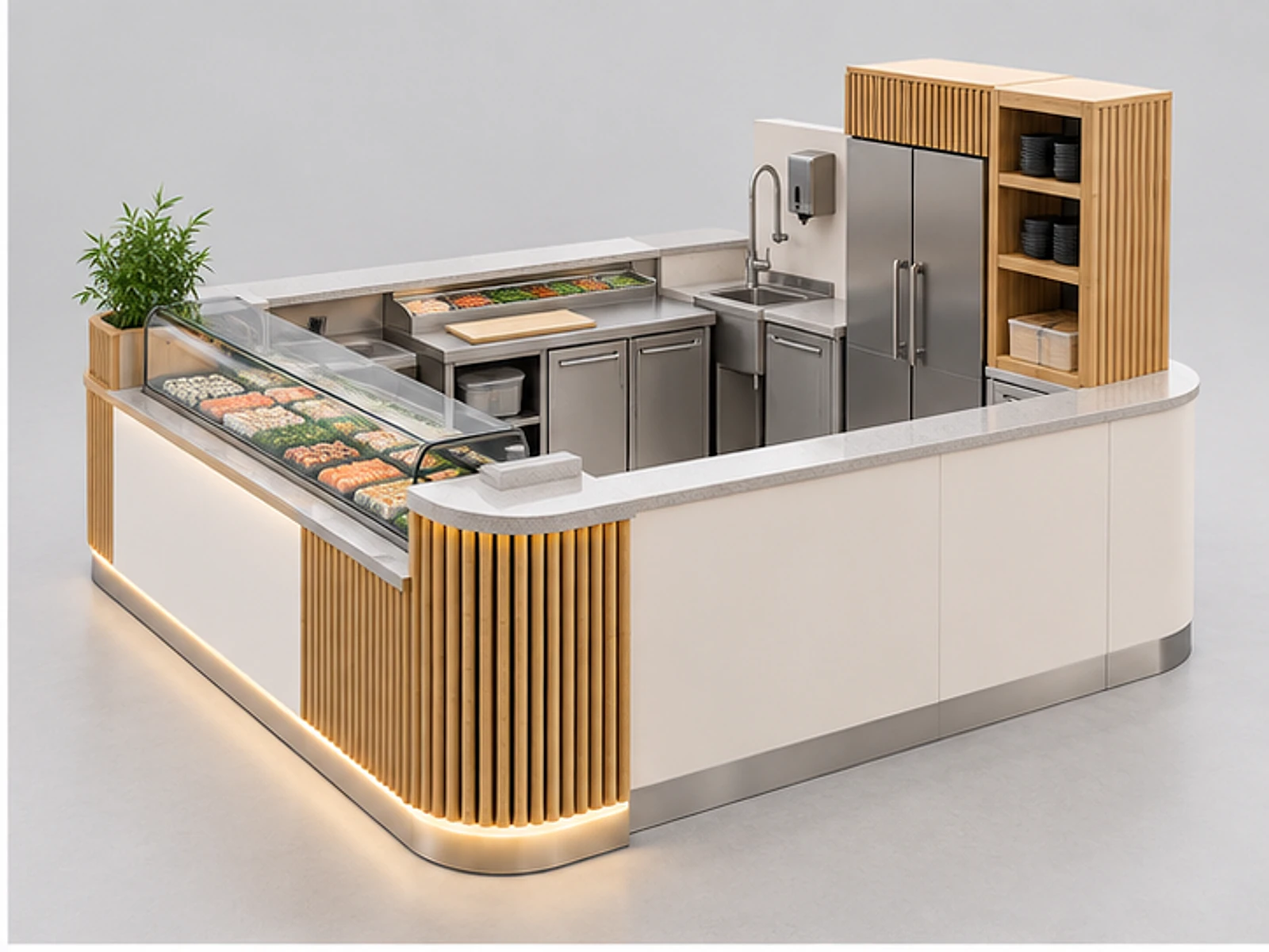 Sushi Kiosk with Handwash and Storage Cabinets opposite angle showing overall kiosk layout
