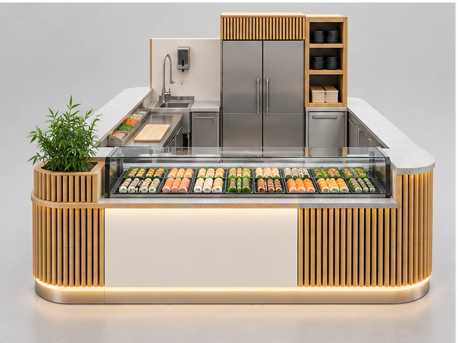Sushi Kiosk with Handwash and Storage Cabinets customer-facing display and service counter