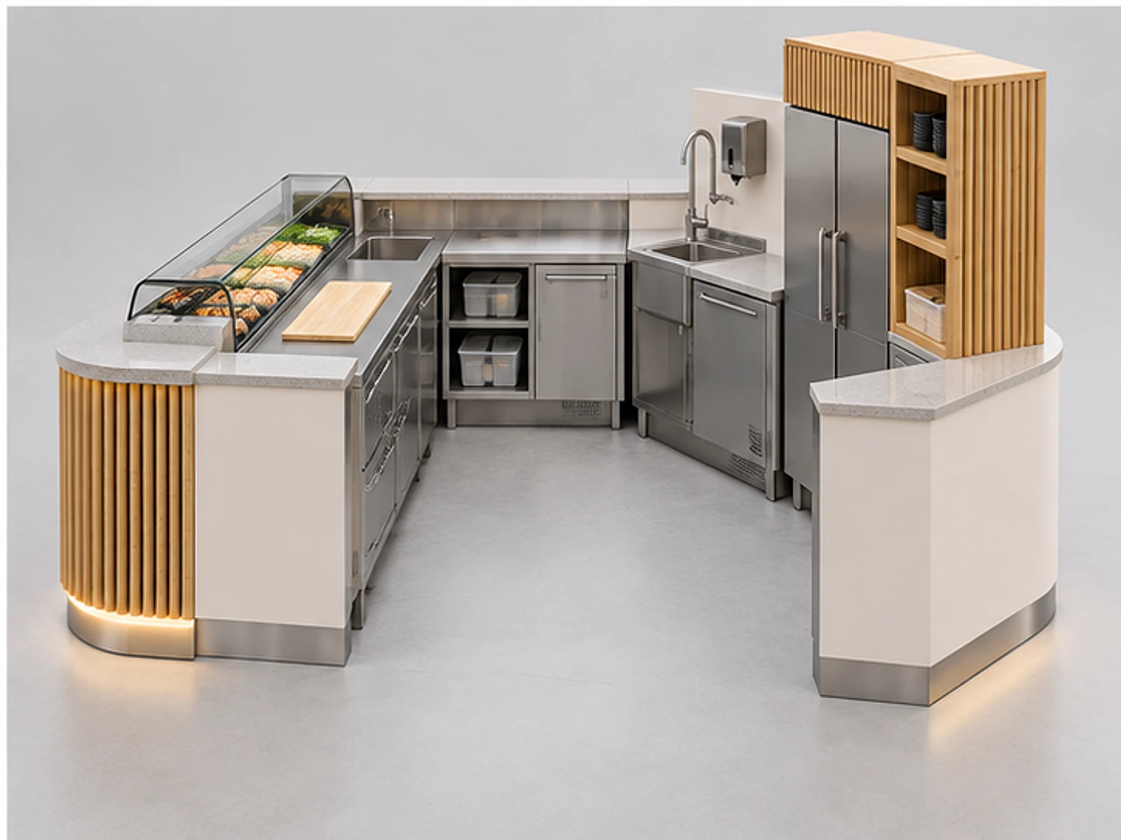 Sushi Kiosk with Handwash and Storage Cabinets staff-side equipment and storage layout
