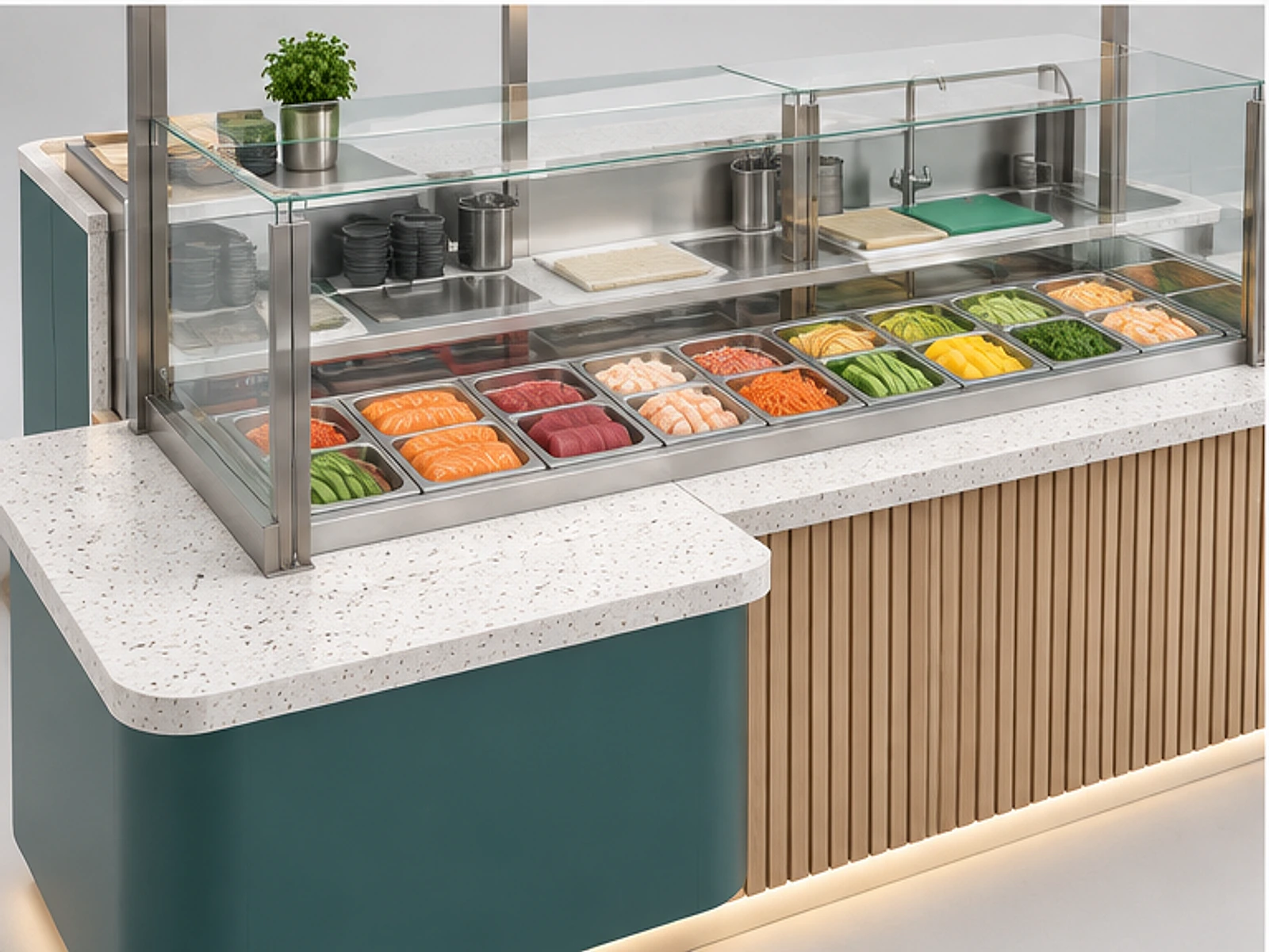 Sushi Roll Kiosk with Protected Ingredient Zone customer-facing display and service counter