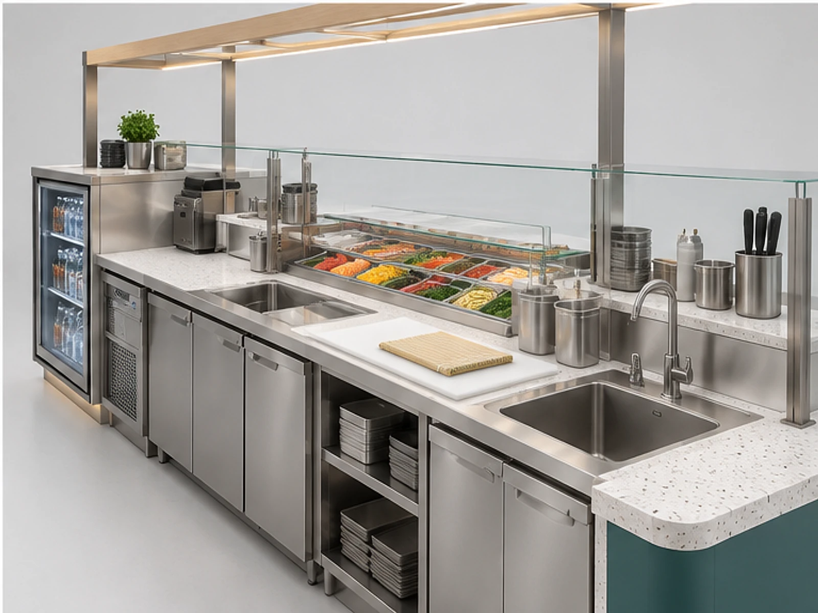 Sushi Roll Kiosk with Protected Ingredient Zone staff-side equipment and storage layout