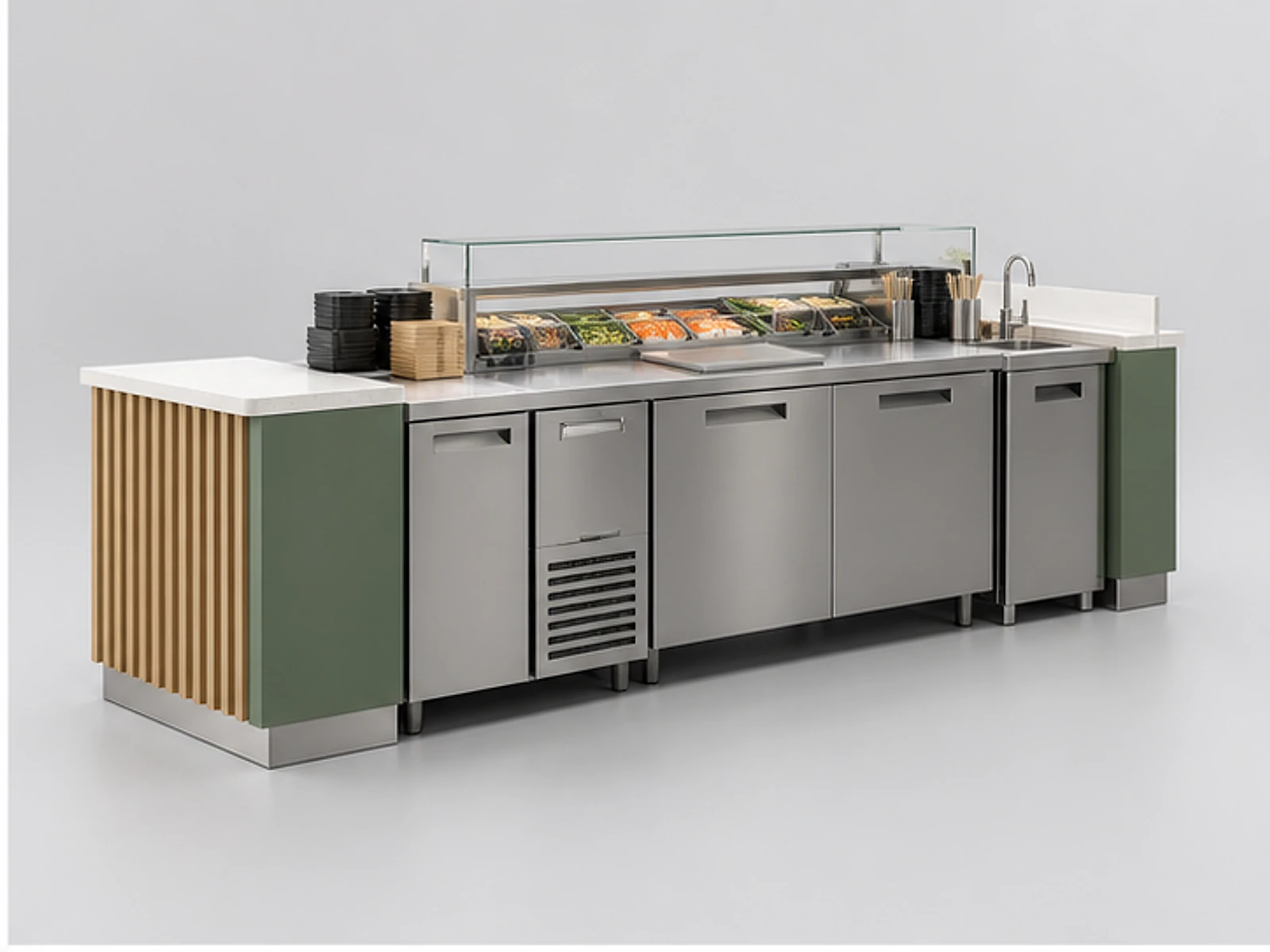 Sushi Takeaway Counter with Grab-and-Go Display opposite angle showing overall kiosk layout