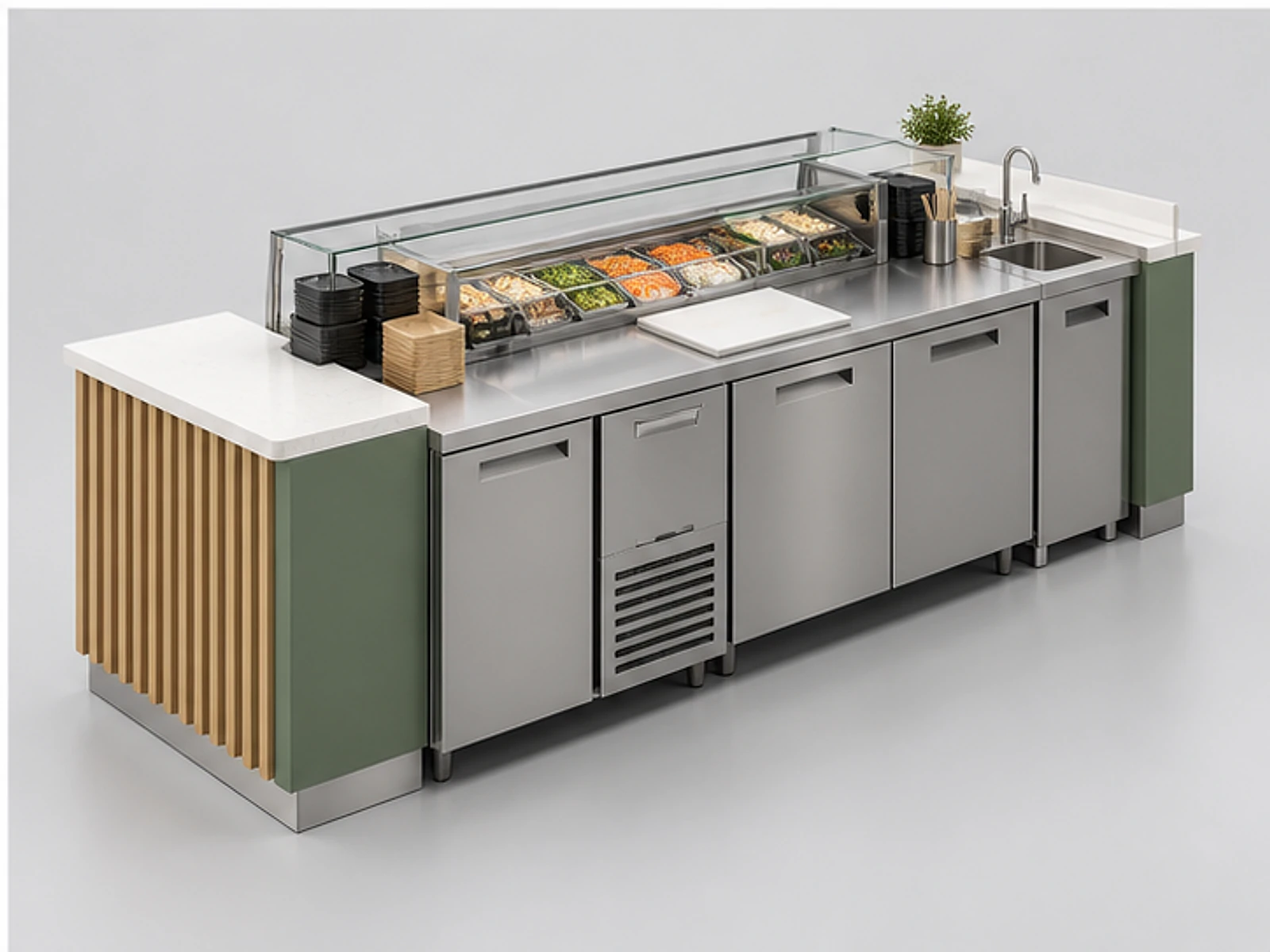 Sushi Takeaway Counter with Grab-and-Go Display staff-side equipment and storage layout