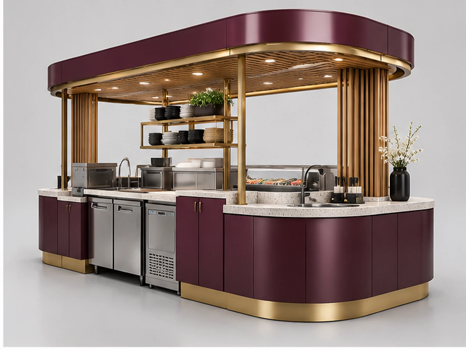 Turnkey Sushi Kiosk Manufacturer Design opposite angle showing overall kiosk layout