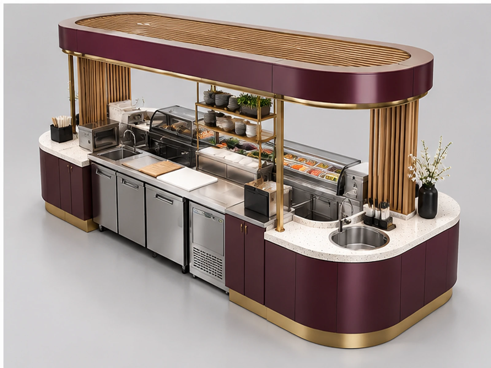 Turnkey Sushi Kiosk Manufacturer Design staff-side equipment and storage layout