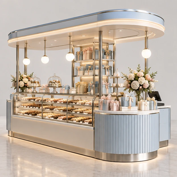 Artisan Sweet Kiosk with Wrapping and Checkout Counter main three-quarter product rendering