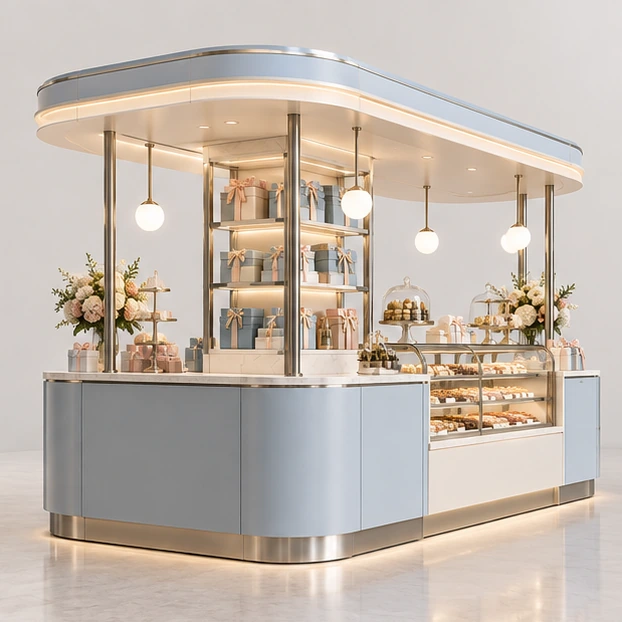 Artisan Sweet Kiosk with Wrapping and Checkout Counter opposite angle showing its complete footprint and display layout