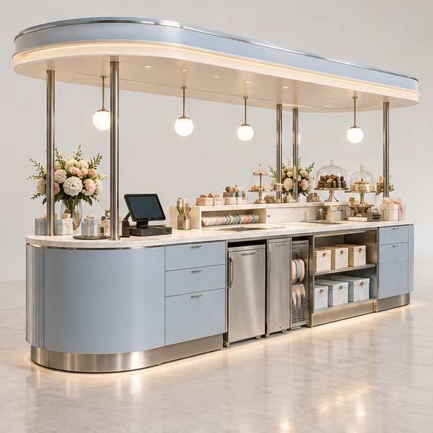 Artisan Sweet Kiosk with Wrapping and Checkout Counter operator-side equipment, access, and storage view