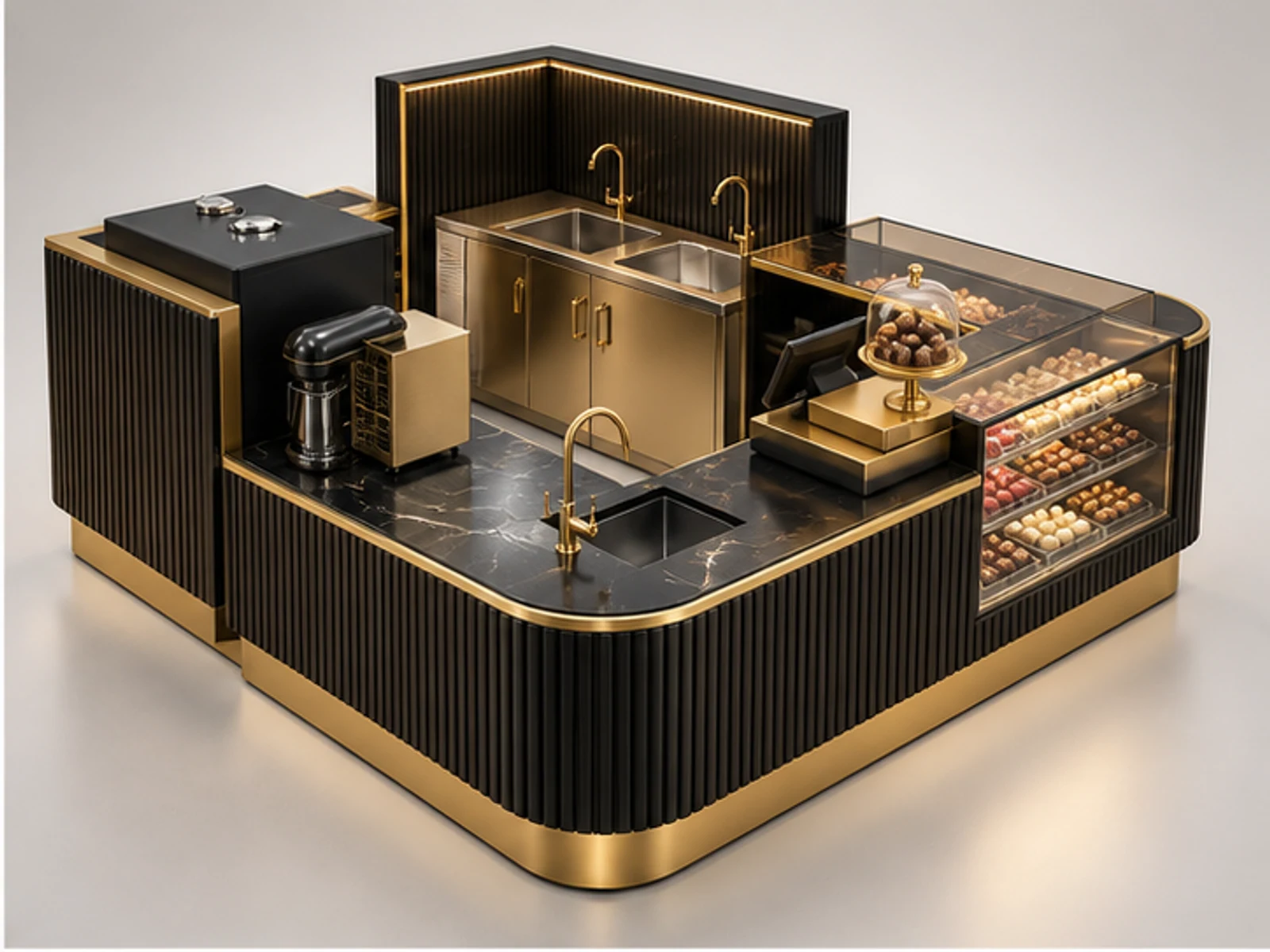 Black Gold Sweet Kiosk for Premium Retail opposite angle showing overall kiosk layout