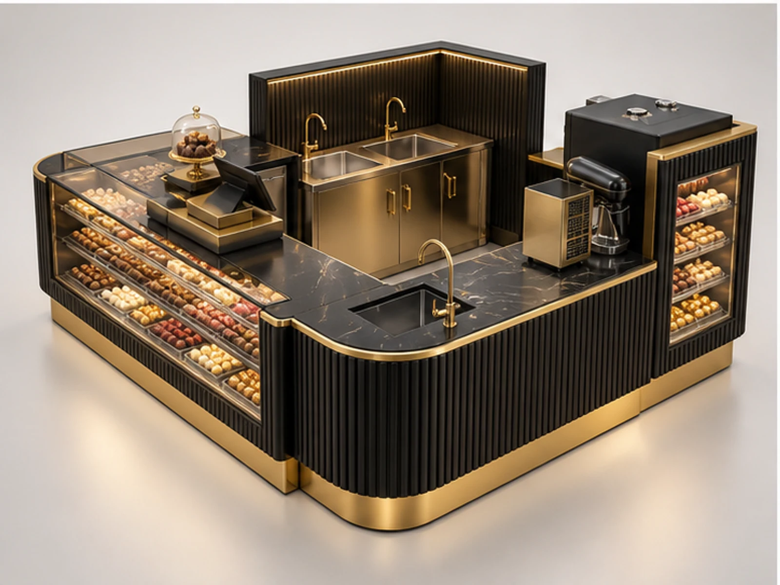 Black Gold Sweet Kiosk for Premium Retail customer-facing display and service counter