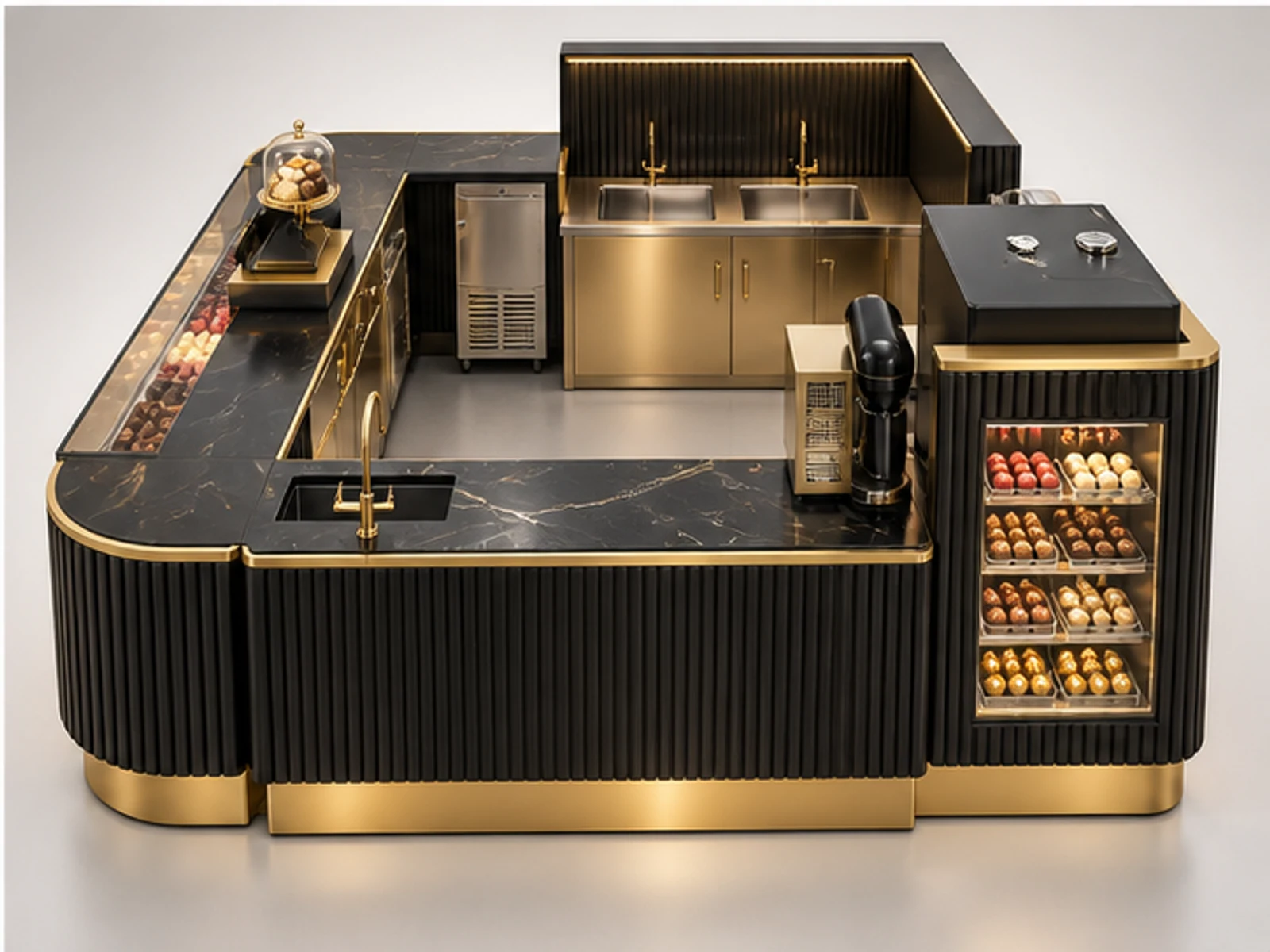 Black Gold Sweet Kiosk for Premium Retail staff-side equipment and storage layout