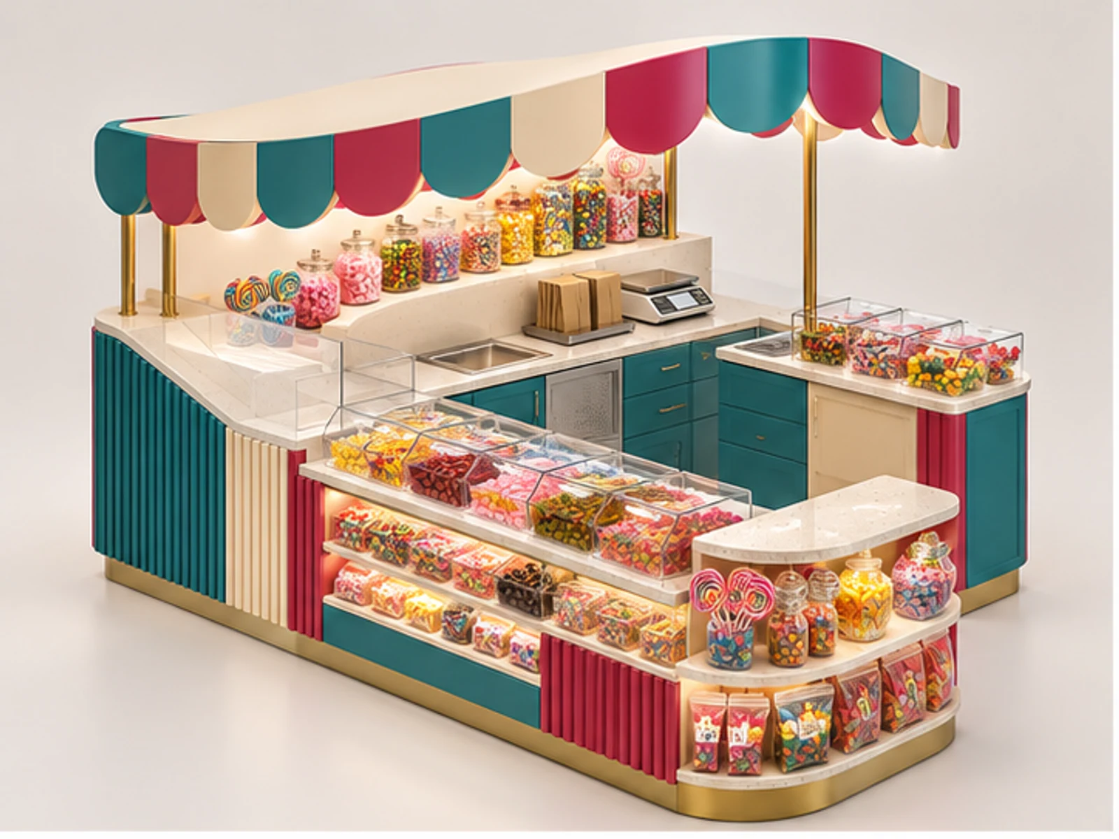 Colorful Sweet Shop Kiosk with Pick-and-Mix Bins main three-quarter product view