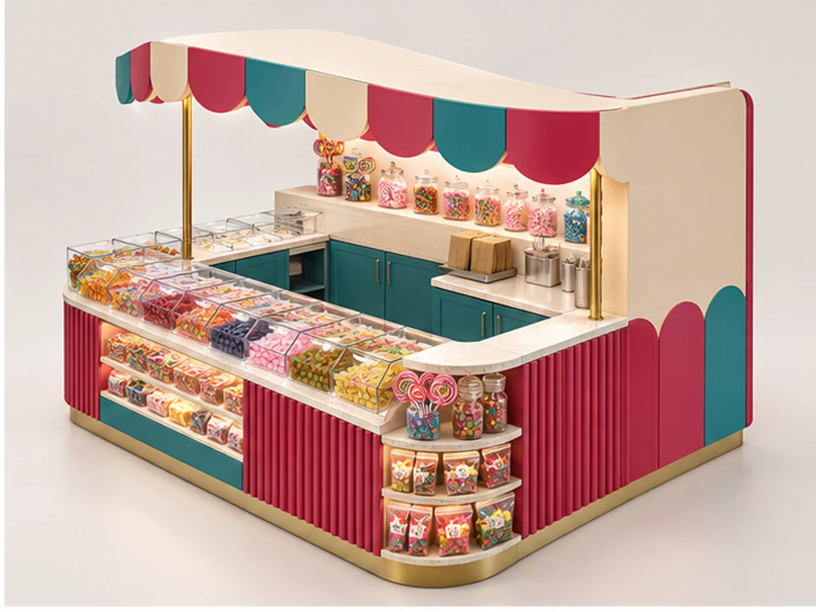 Colorful Sweet Shop Kiosk with Pick-and-Mix Bins opposite angle showing overall kiosk layout