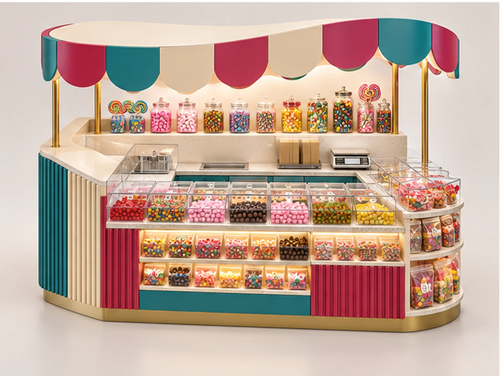Colorful Sweet Shop Kiosk with Pick-and-Mix Bins customer-facing display and service counter