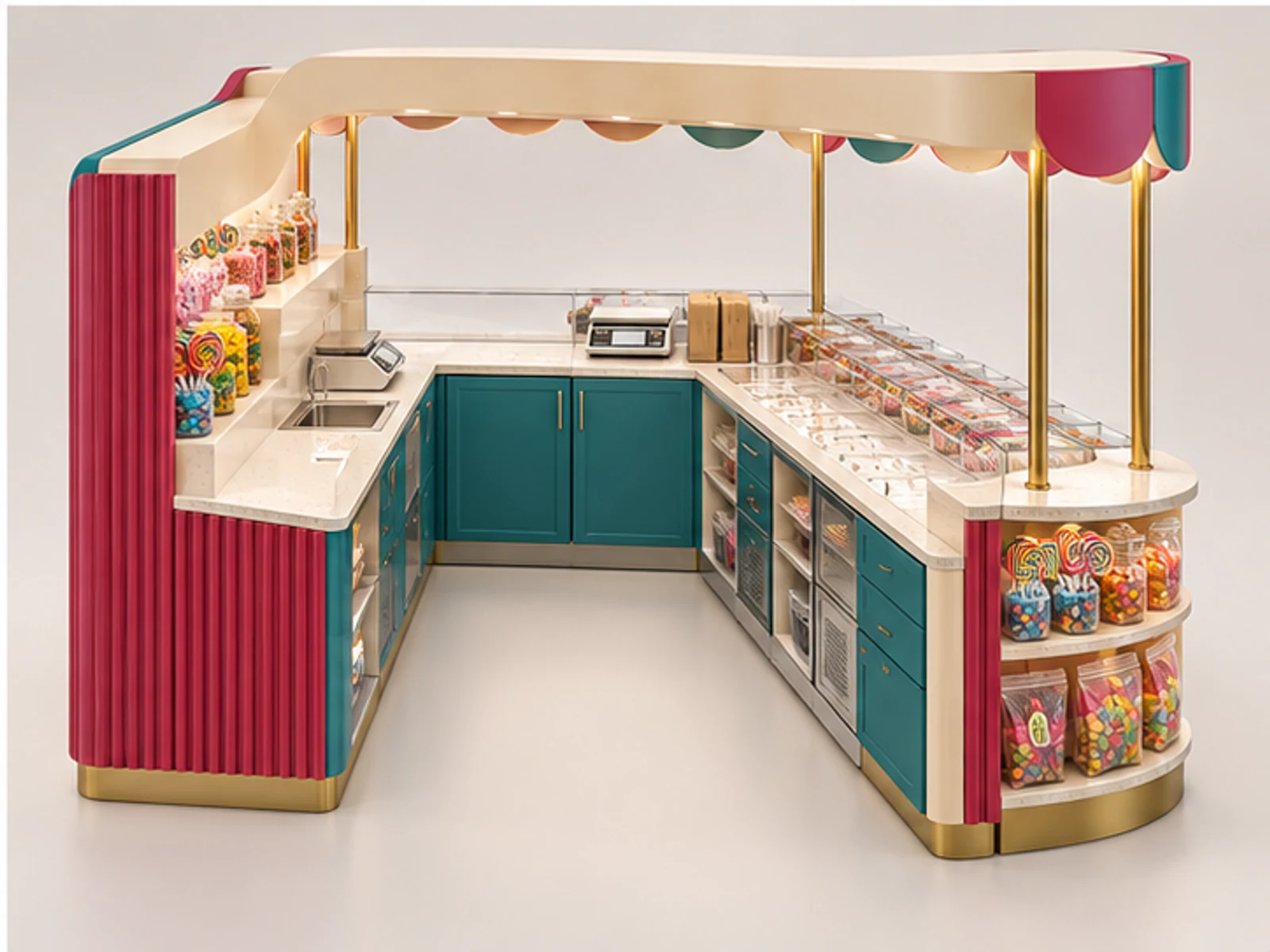 Colorful Sweet Shop Kiosk with Pick-and-Mix Bins staff-side equipment and storage layout