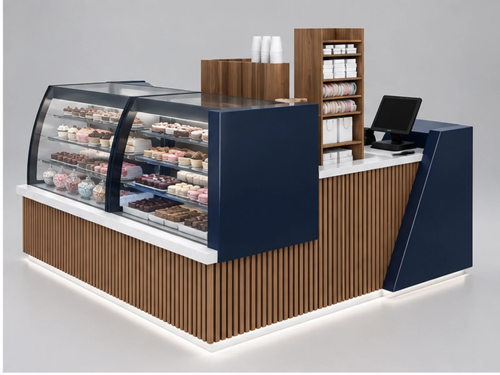 Commercial Sweet Booth with POS and Packaging opposite angle showing overall kiosk layout