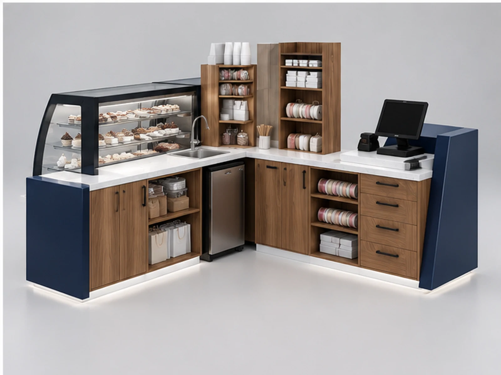 Commercial Sweet Booth with POS and Packaging staff-side equipment and storage layout