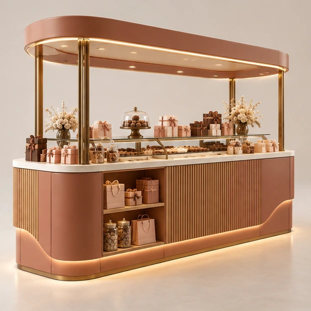 Compact Dessert Sweet Kiosk with Modular Display Bins opposite angle showing its complete footprint and display layout