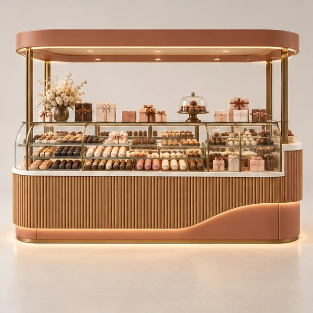Compact Dessert Sweet Kiosk with Modular Display Bins customer-facing service and display view