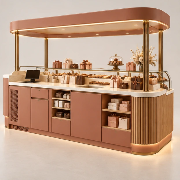 Compact Dessert Sweet Kiosk with Modular Display Bins operator-side equipment, access, and storage view