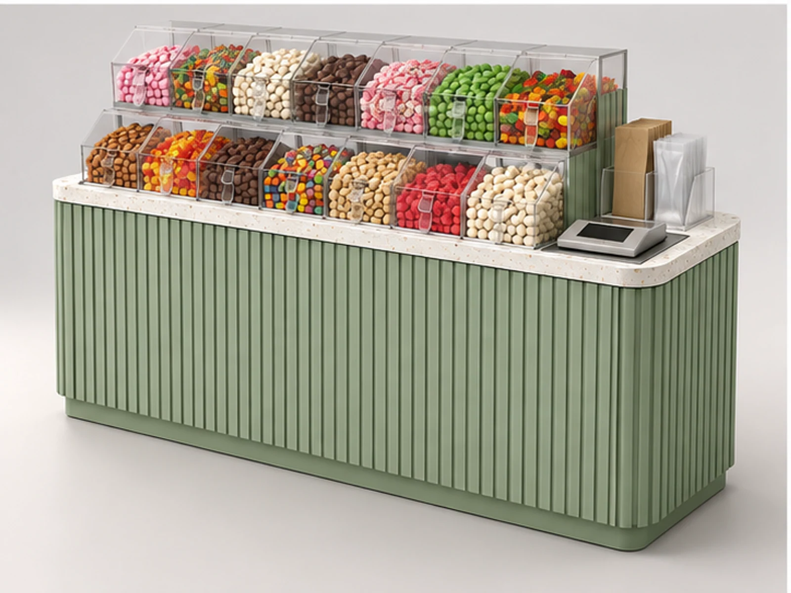 Compact Sweet Booth with Weighing Station customer-facing display and service counter