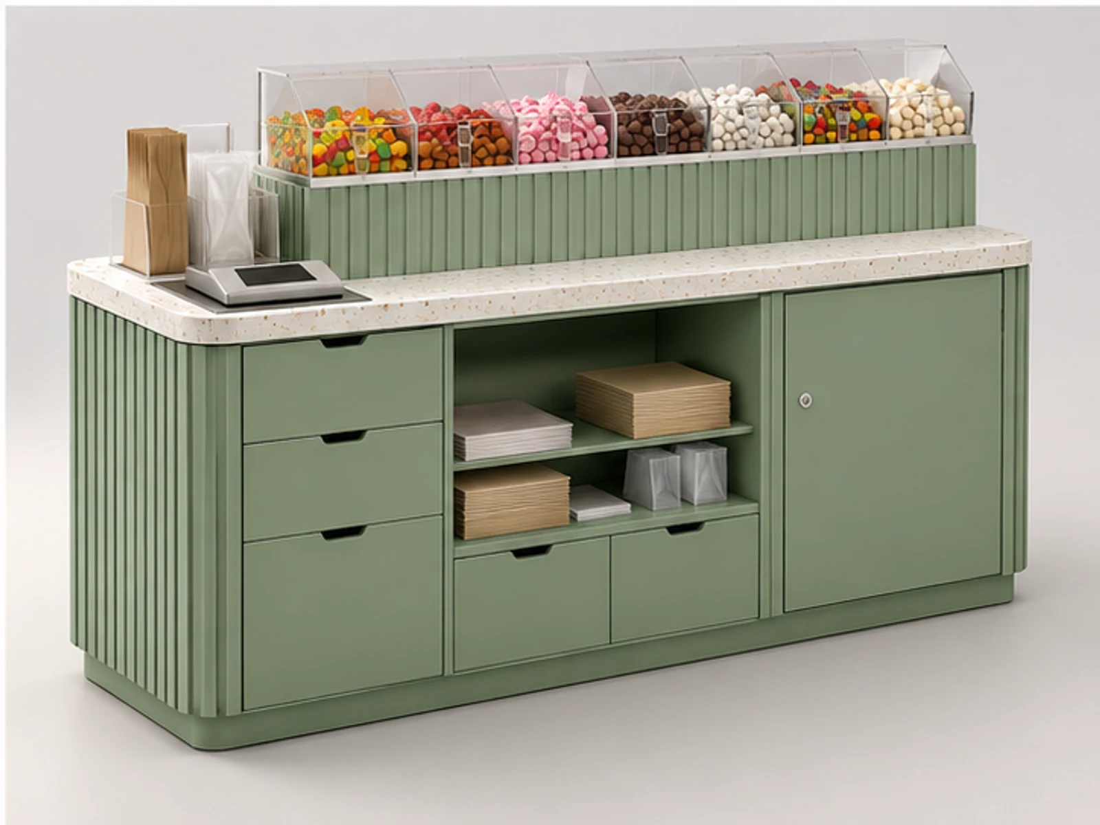 Compact Sweet Booth with Weighing Station staff-side equipment and storage layout