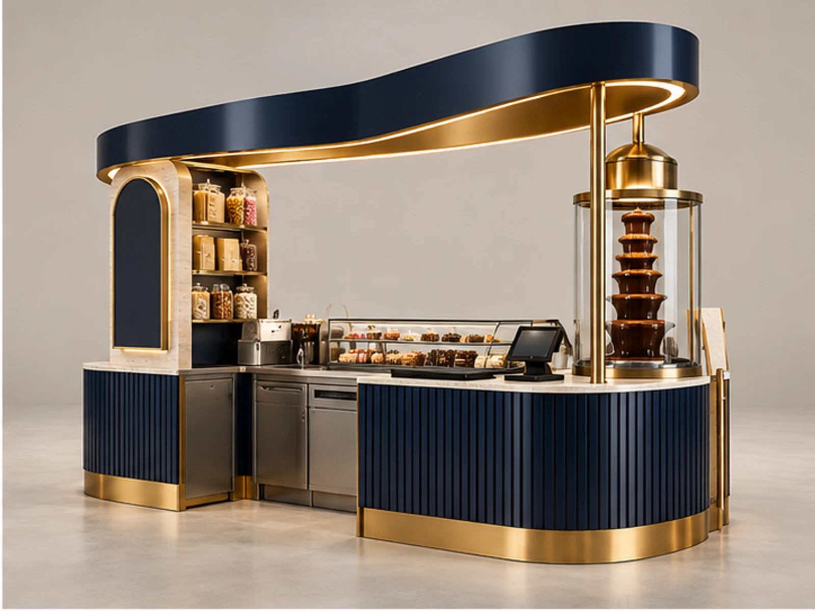 Custom Sweet Shop Kiosk for Retail Brands opposite angle showing overall kiosk layout