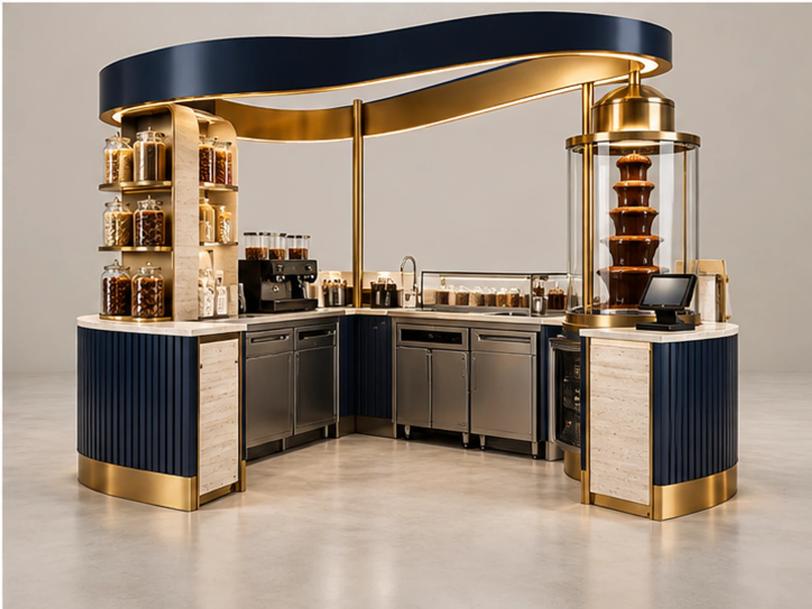 Custom Sweet Shop Kiosk for Retail Brands staff-side equipment and storage layout