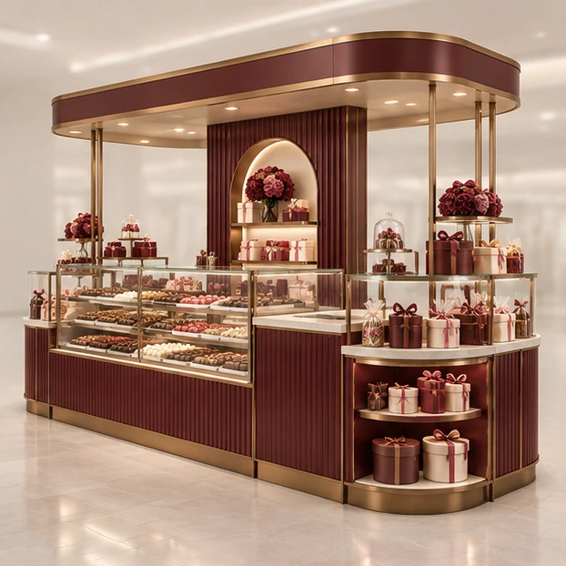 Family Sweet Kiosk with Low-Reach Product Shelves opposite angle showing its complete footprint and display layout