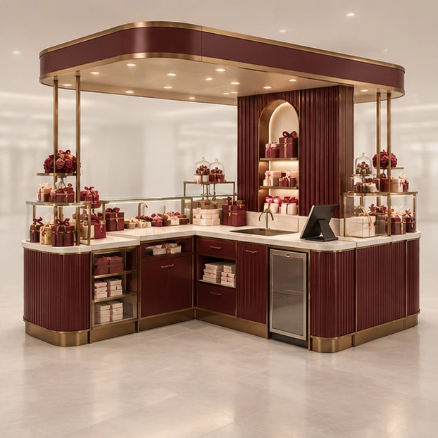 Family Sweet Kiosk with Low-Reach Product Shelves operator-side equipment, access, and storage view