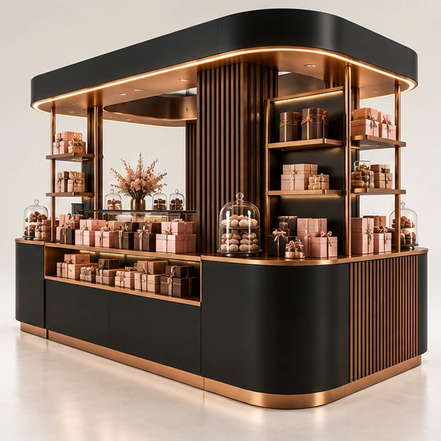 Franchise Sweet Kiosk with Repeatable Display Modules opposite angle showing its complete footprint and display layout