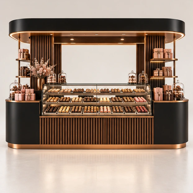 Franchise Sweet Kiosk with Repeatable Display Modules customer-facing service and display view