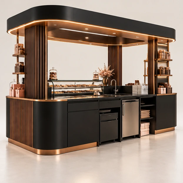 Franchise Sweet Kiosk with Repeatable Display Modules operator-side equipment, access, and storage view