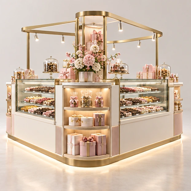 Island Sweet Kiosk with Four-Side Gift Shelves opposite angle showing its complete footprint and display layout