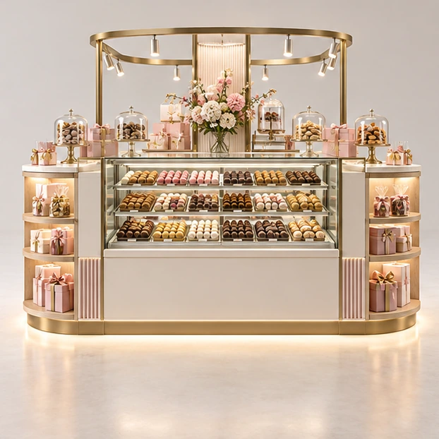 Island Sweet Kiosk with Four-Side Gift Shelves customer-facing service and display view