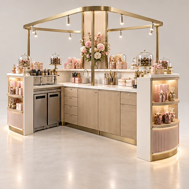 Island Sweet Kiosk with Four-Side Gift Shelves operator-side equipment, access, and storage view